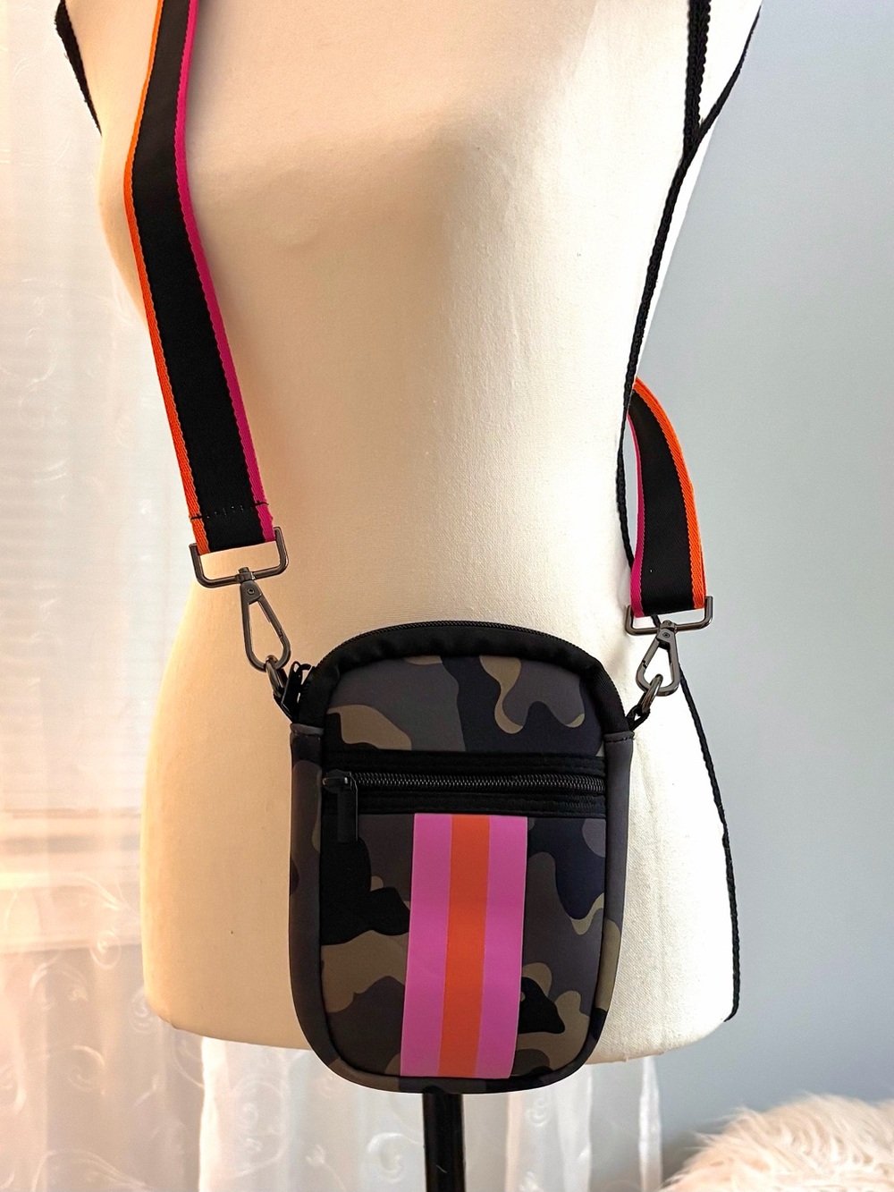 Crossbody Mini Bag with Striped Detail - Black Camo & Pink/Orange Stripe